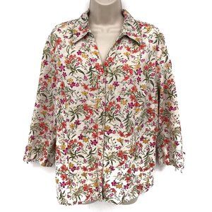 JM Collection Womens Cream 100% Linen Floral Print Button Front Top Size 14
